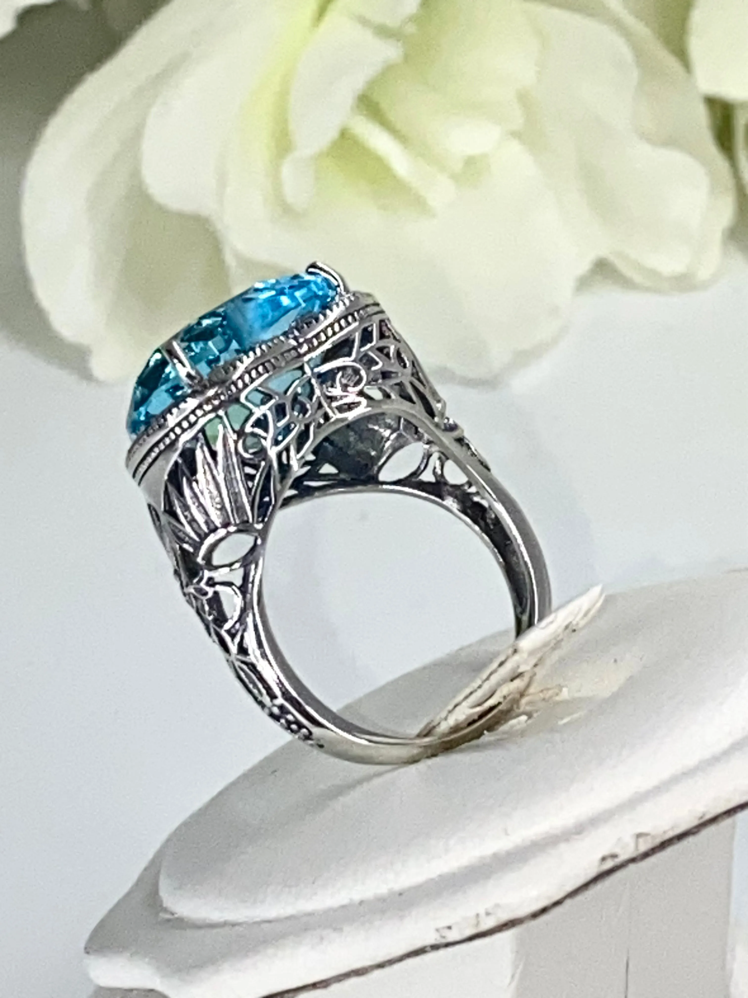 Aquamarine Ring, Heart Gem, Size 8, Victorian Filigree Jewelry #D59 - Ready to Ship