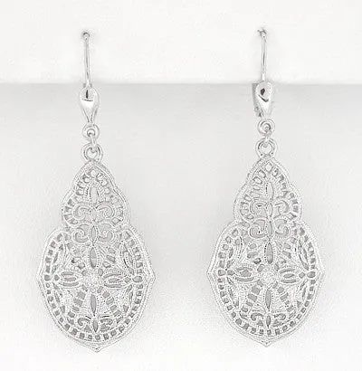 Art Deco Filigree Teardrop Diamond Earrings in 14 Karat White Gold
