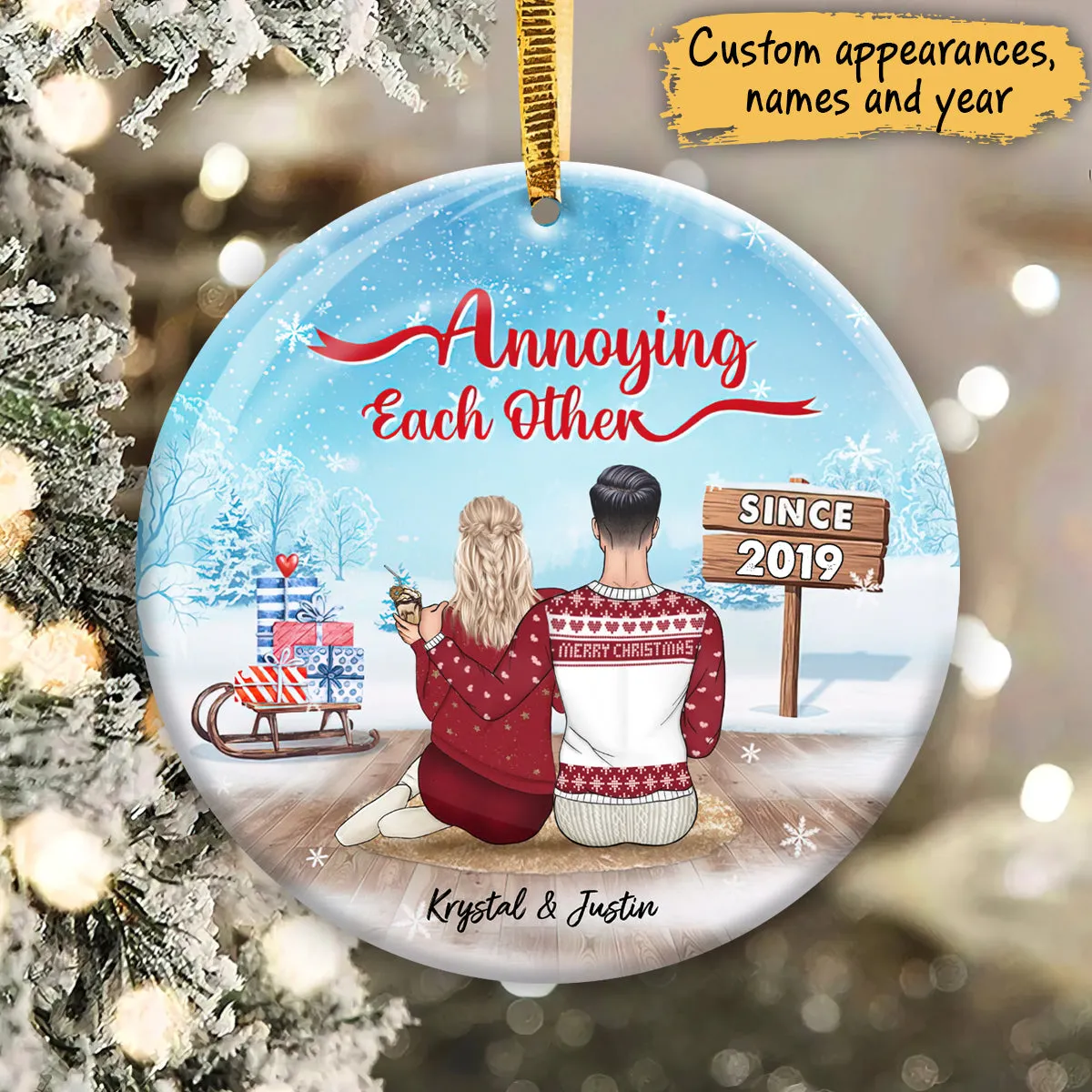 Christmas Family Couple Annoying Each Other Since - Personalized Custom Circle Ceramic Ornament