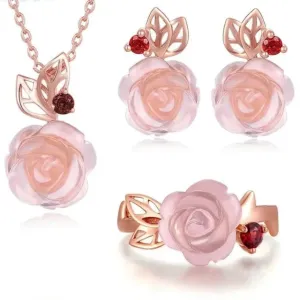 Exquisite Rose Flower Jewelry Set with Red Quartz Stone