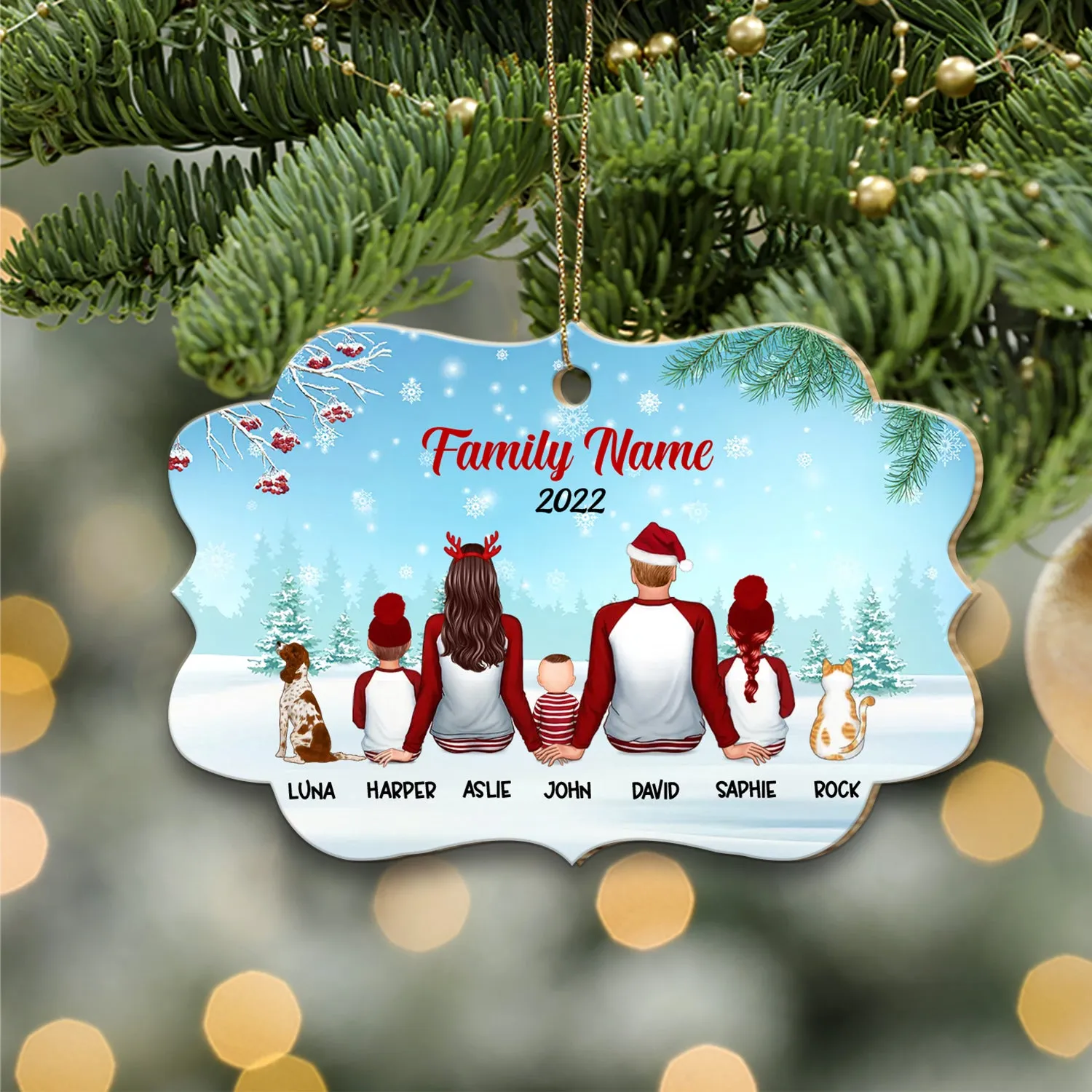 Family In Snow Back View Personalized Christmas Ornament