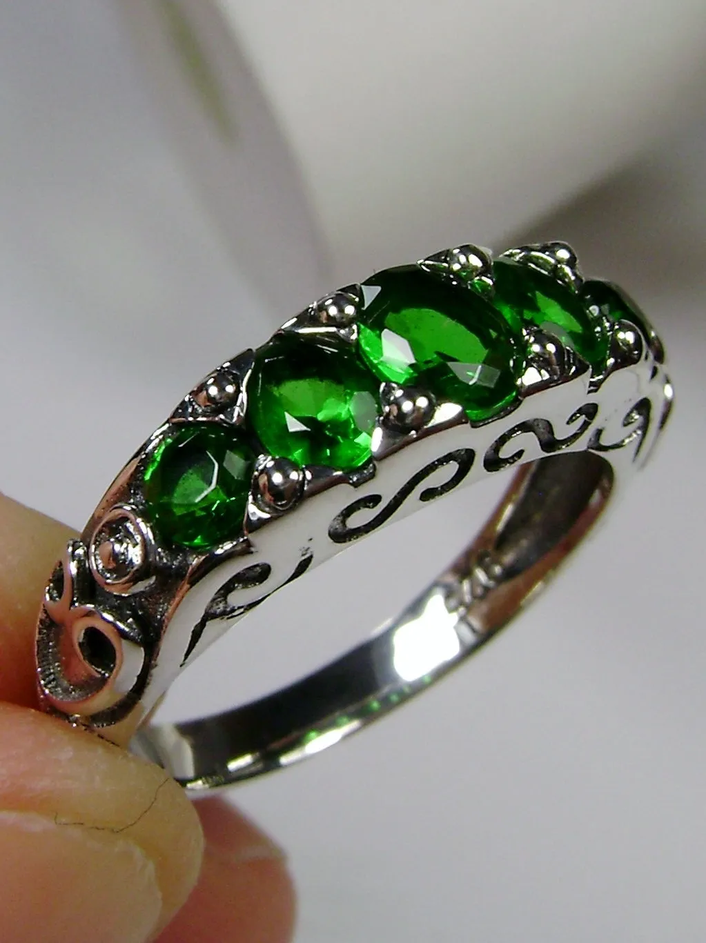Green Emerald Ring, 5-Stone Georgian Ring, Victorian Jewelry Design#D19