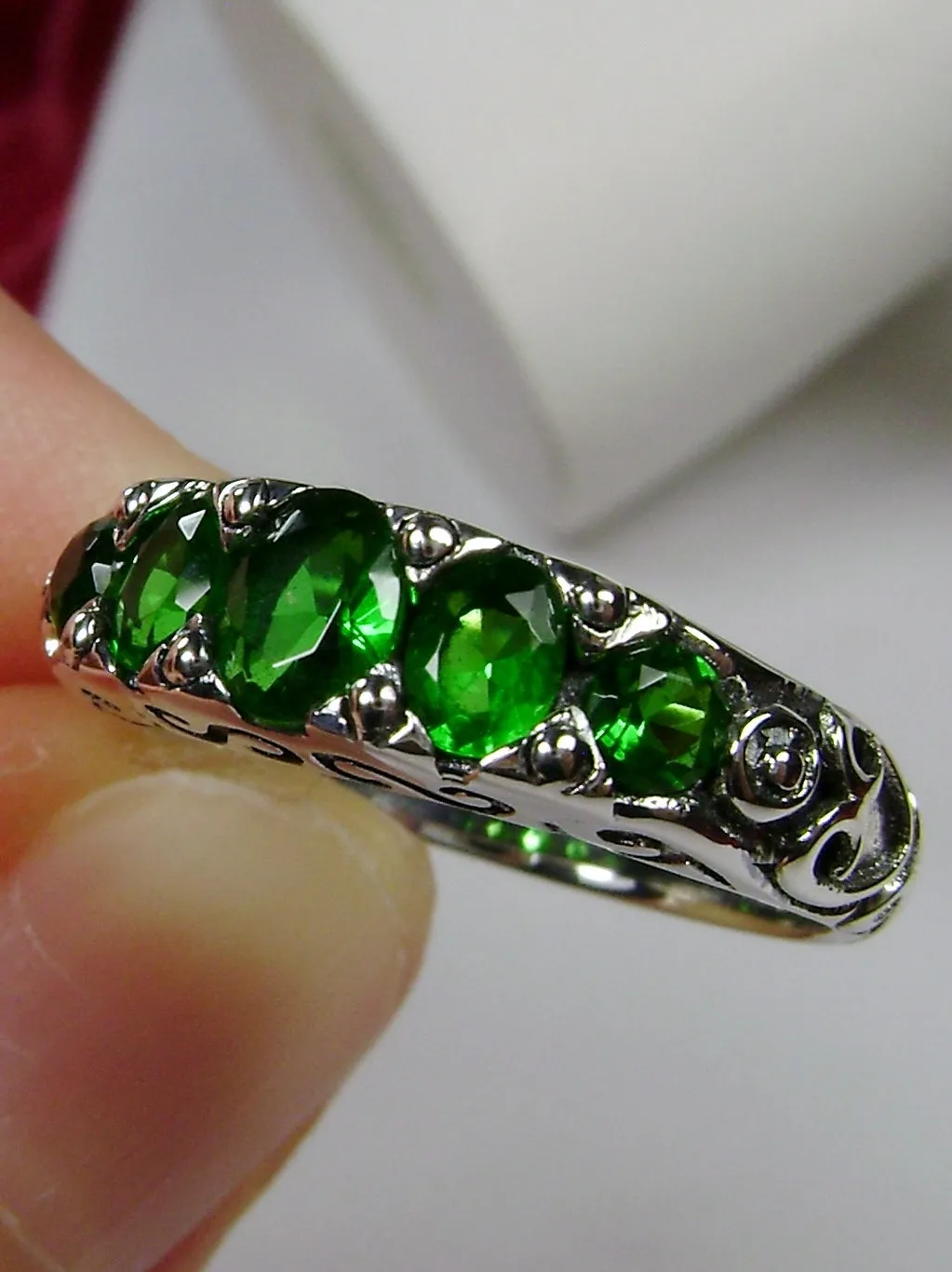 Green Emerald Ring, 5-Stone Georgian Ring, Victorian Jewelry Design#D19
