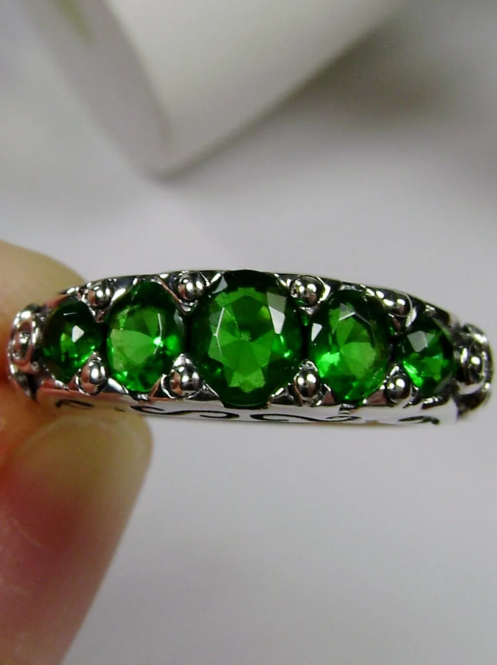 Green Emerald Ring, 5-Stone Georgian Ring, Victorian Jewelry Design#D19