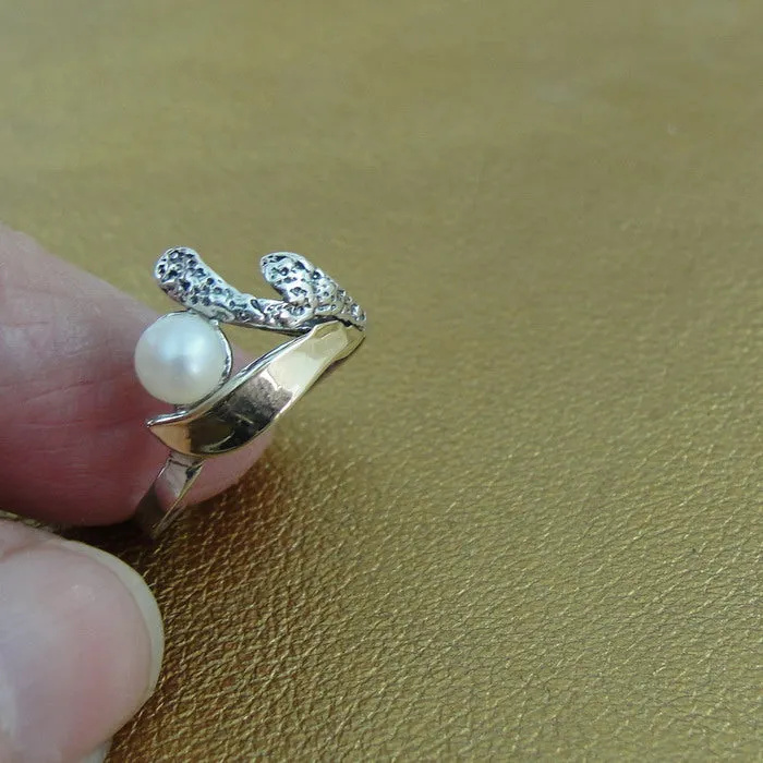 Hadar Designers 9k Yellow Gold 925 Silver White Pearl Ring 7,8,9 Handmade (Si)Y