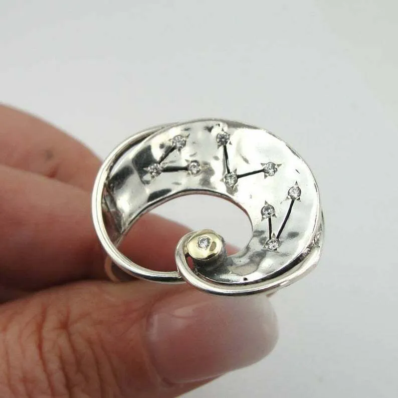 Hadar Designers 9k Yellow Gold 925 Silver zircon Ring, Handmade(MSy