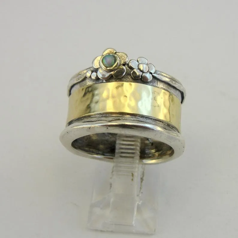 Hadar Designers Blue Opal Ring 7,8,9 Yellow Gold 925 Silver Art Handmade (ms)
