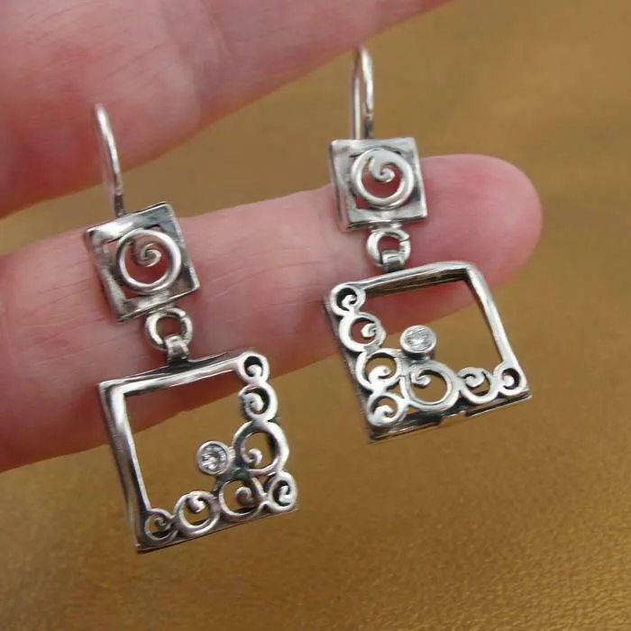 Hadar Designers Sterling Silver Zircon Earrings Charming Dangle Handmade (MS)