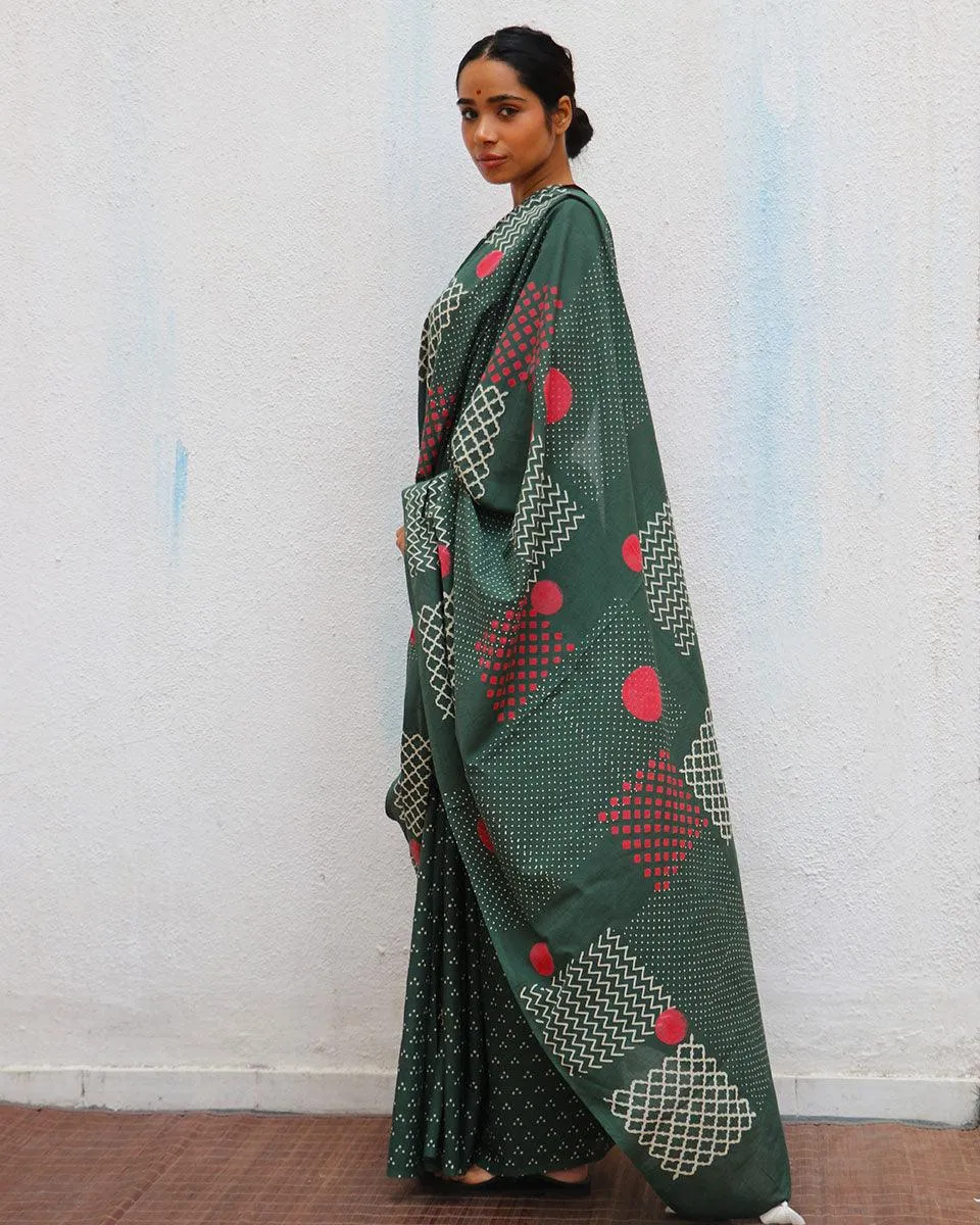 Juliet's Waltz Green Handblock Printed Cotton Saree