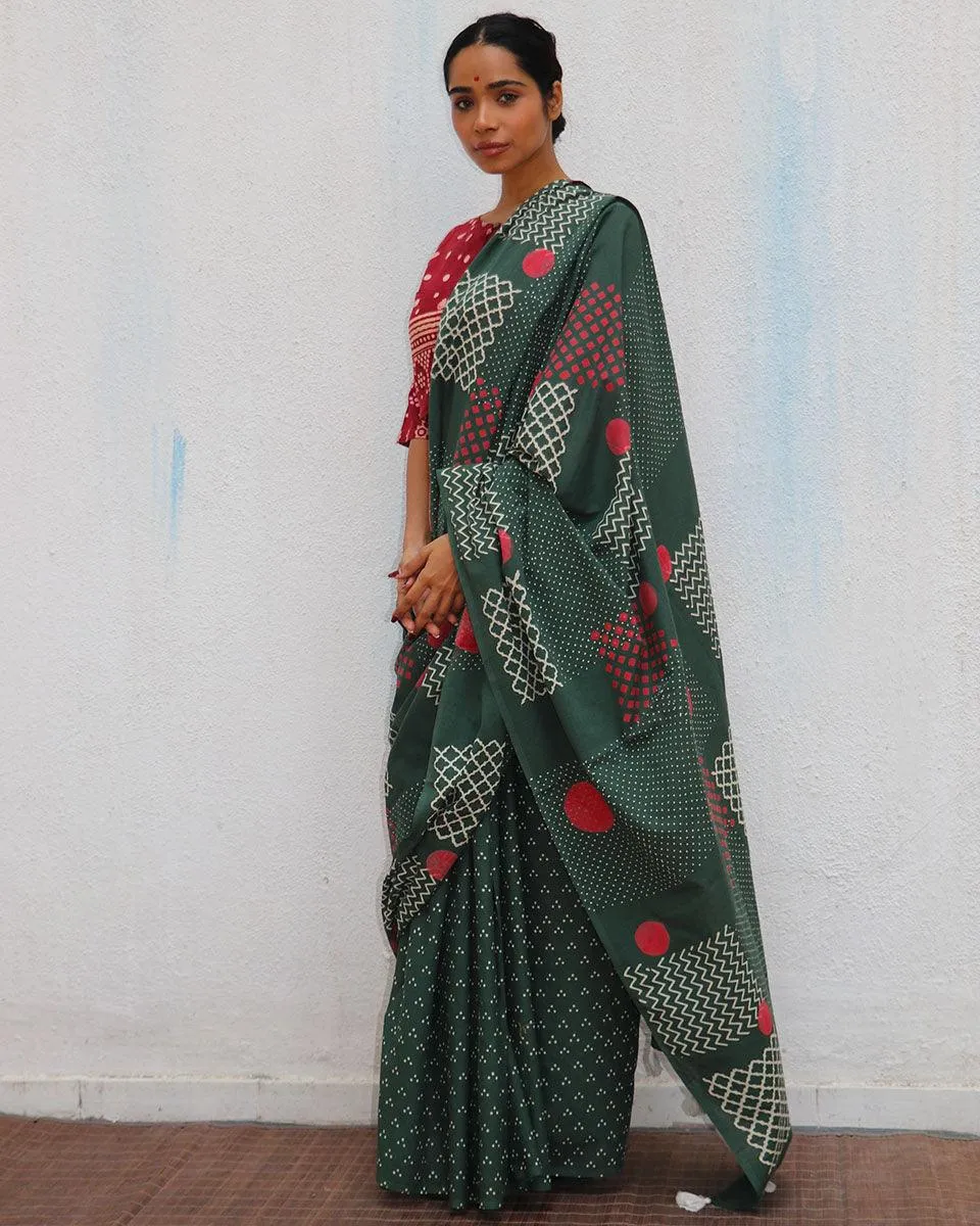 Juliet's Waltz Green Handblock Printed Cotton Saree