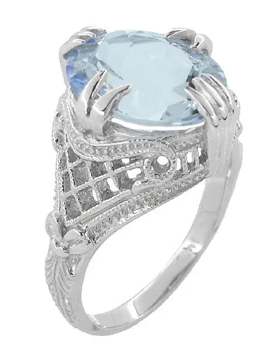 Large Oval Aquamarine Art Deco Filigree Ring in Platinum - March Birthstone