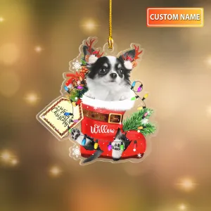 LONG HAIRED WHITE CHIHUAHUA IN SNOW POCKET CHRISTMAS ACRYLIC ORNAMENT