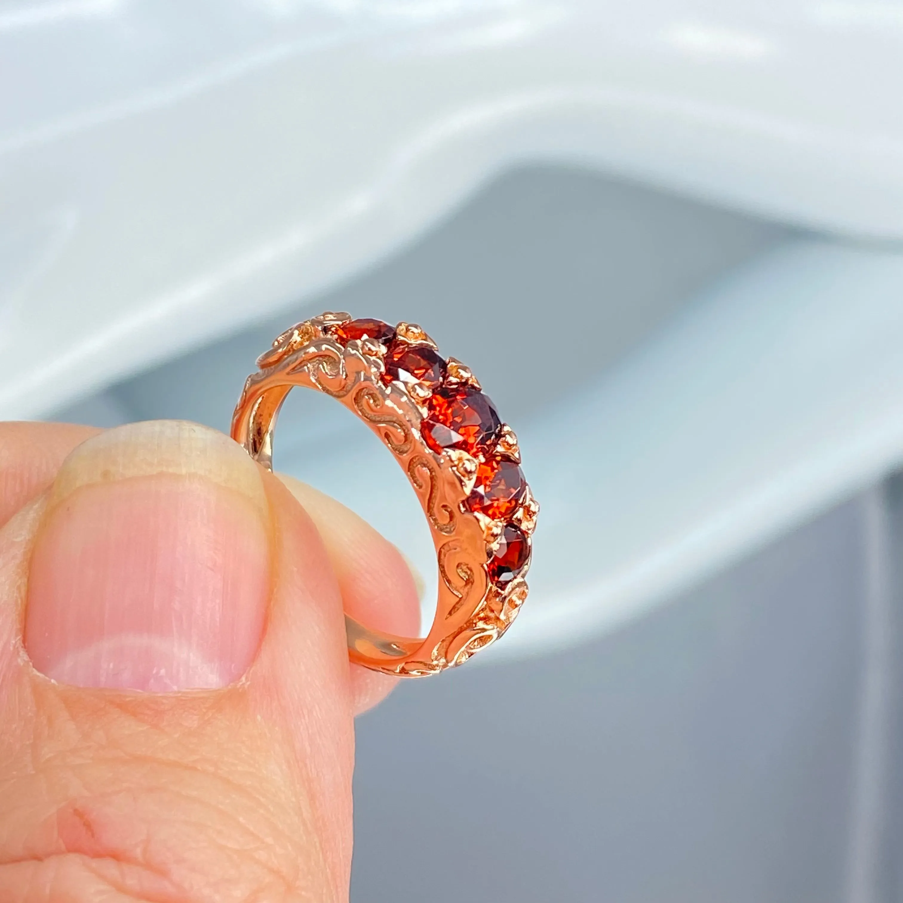 Natural Garnet Ring, Size 5, Rose Gold plated Sterling Silver Ring, 5-Stone Georgian Victorian Jewelry Design#D19 - Ready to Ship