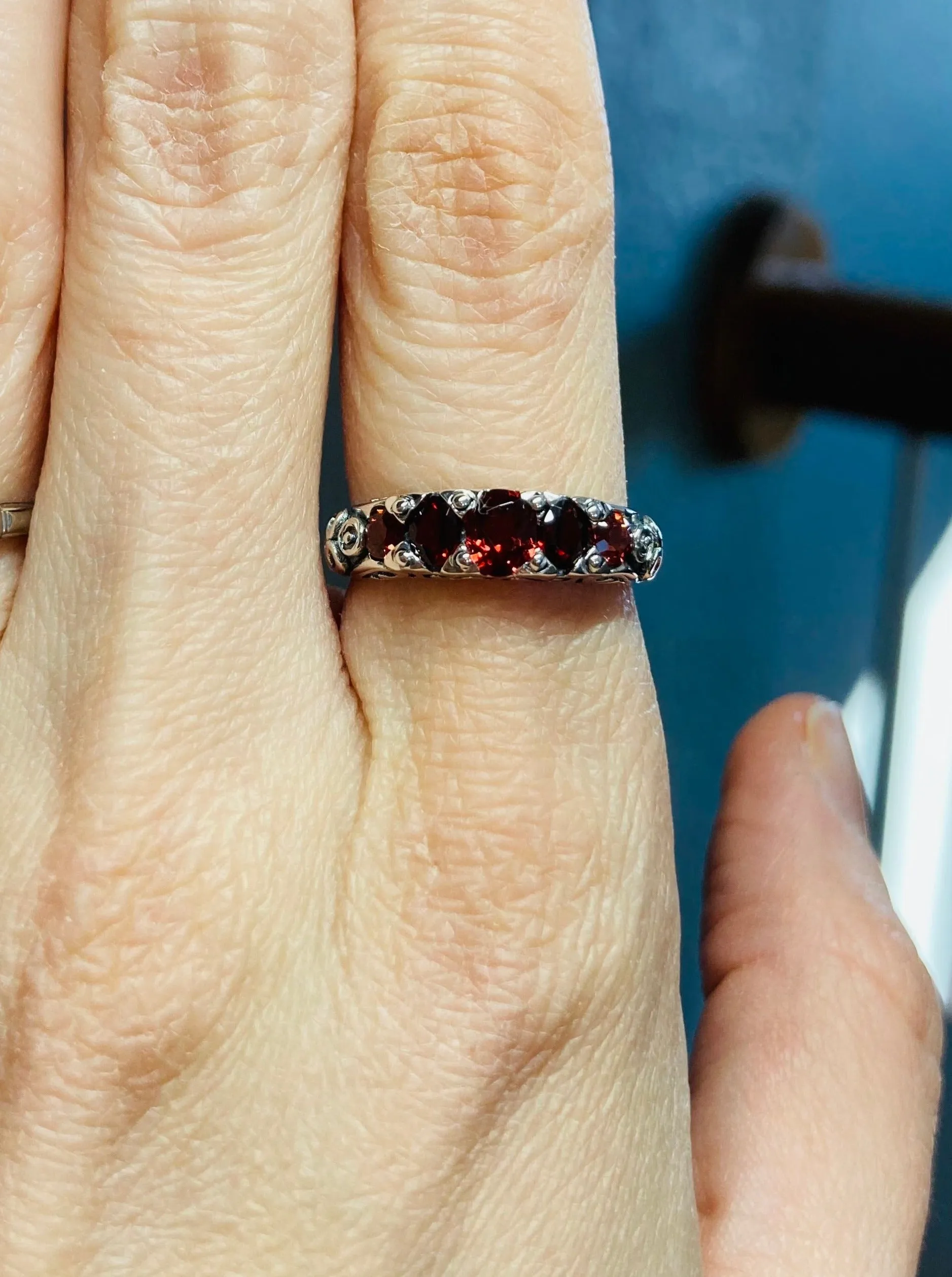 Natural Red Garnet Ring, 5-Stone Georgian Ring, Victorian Jewelry Design#D19