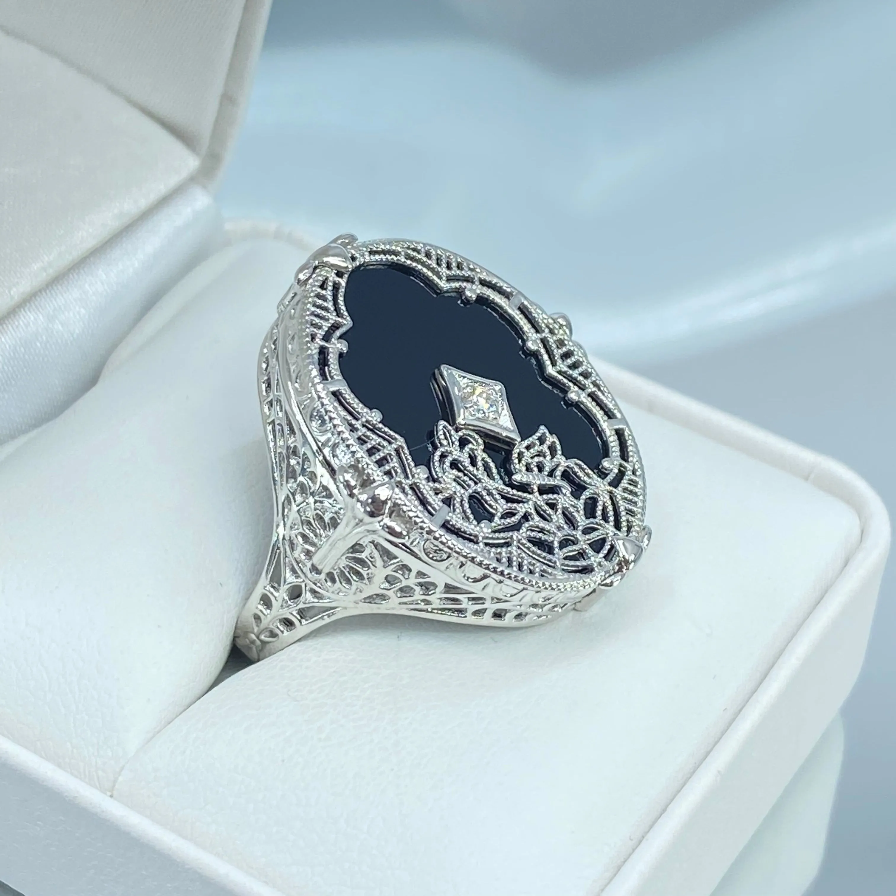 Oval Stained-Glass Ring, Black Camphor Glass with inset, Looking Glass #D594
