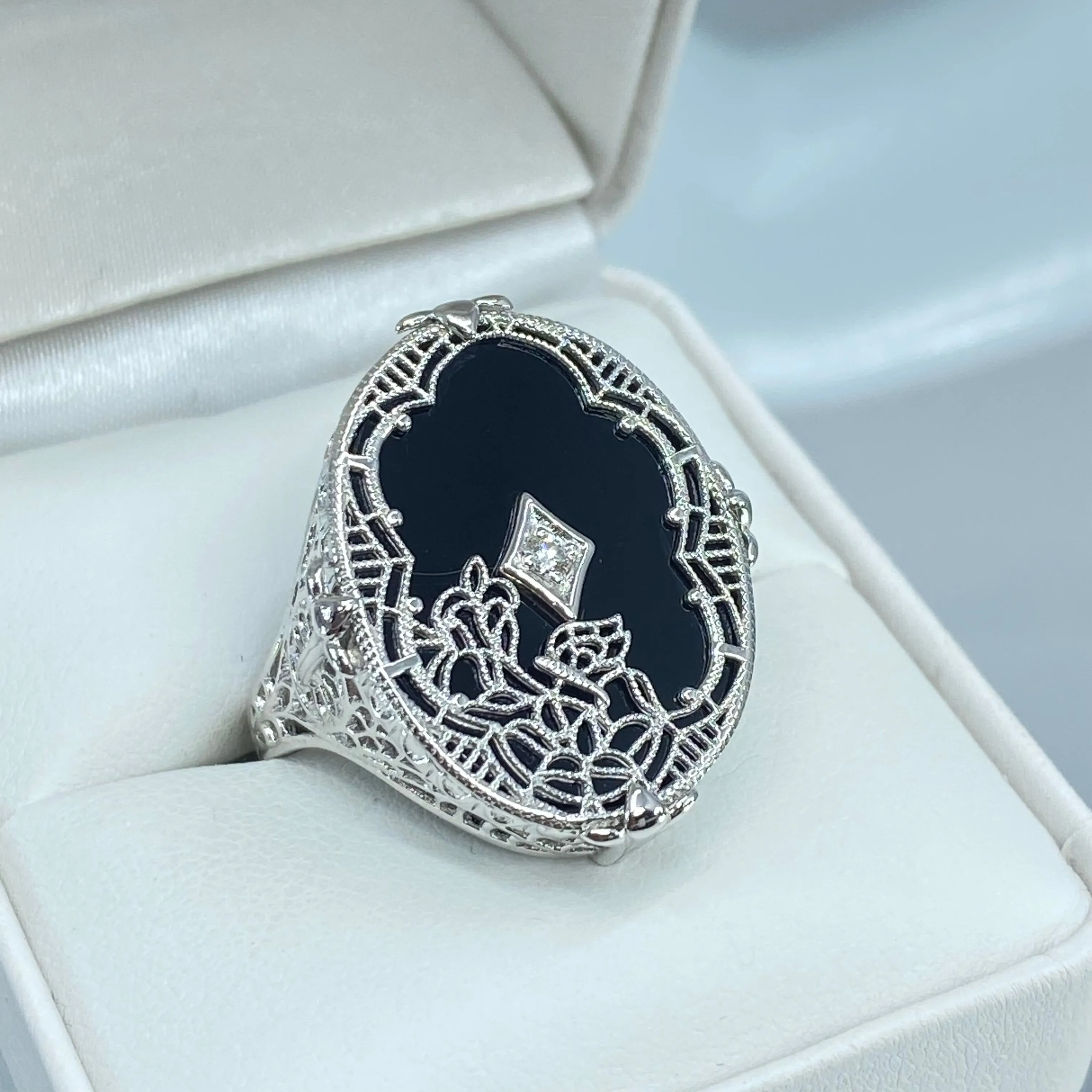 Oval Stained-Glass Ring, Black Camphor Glass with inset, Looking Glass #D594