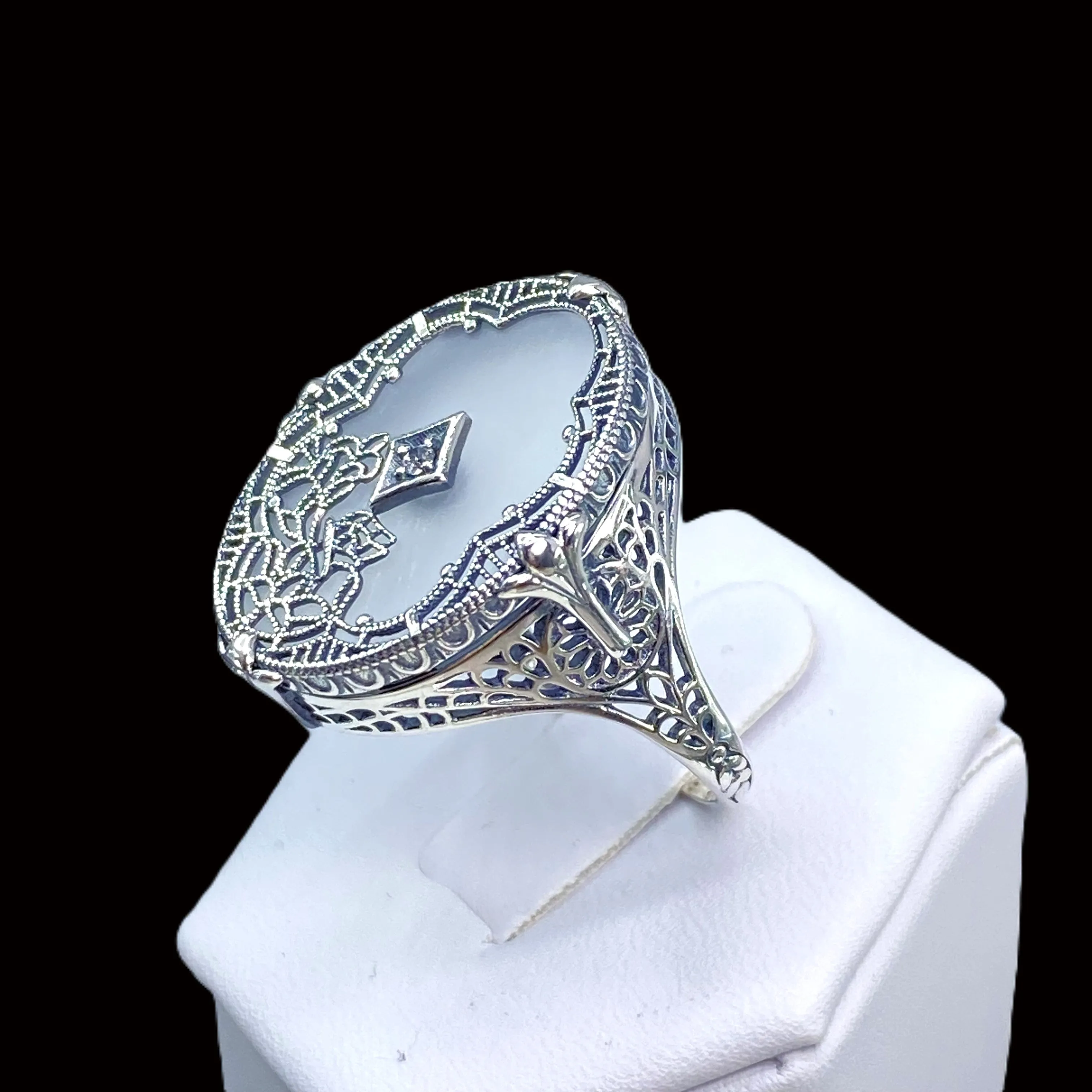 Oval Stained Glass Ring, Frosted Camphor Glass with inset, Rose Gold or Sterling Silver Looking Glass #D594