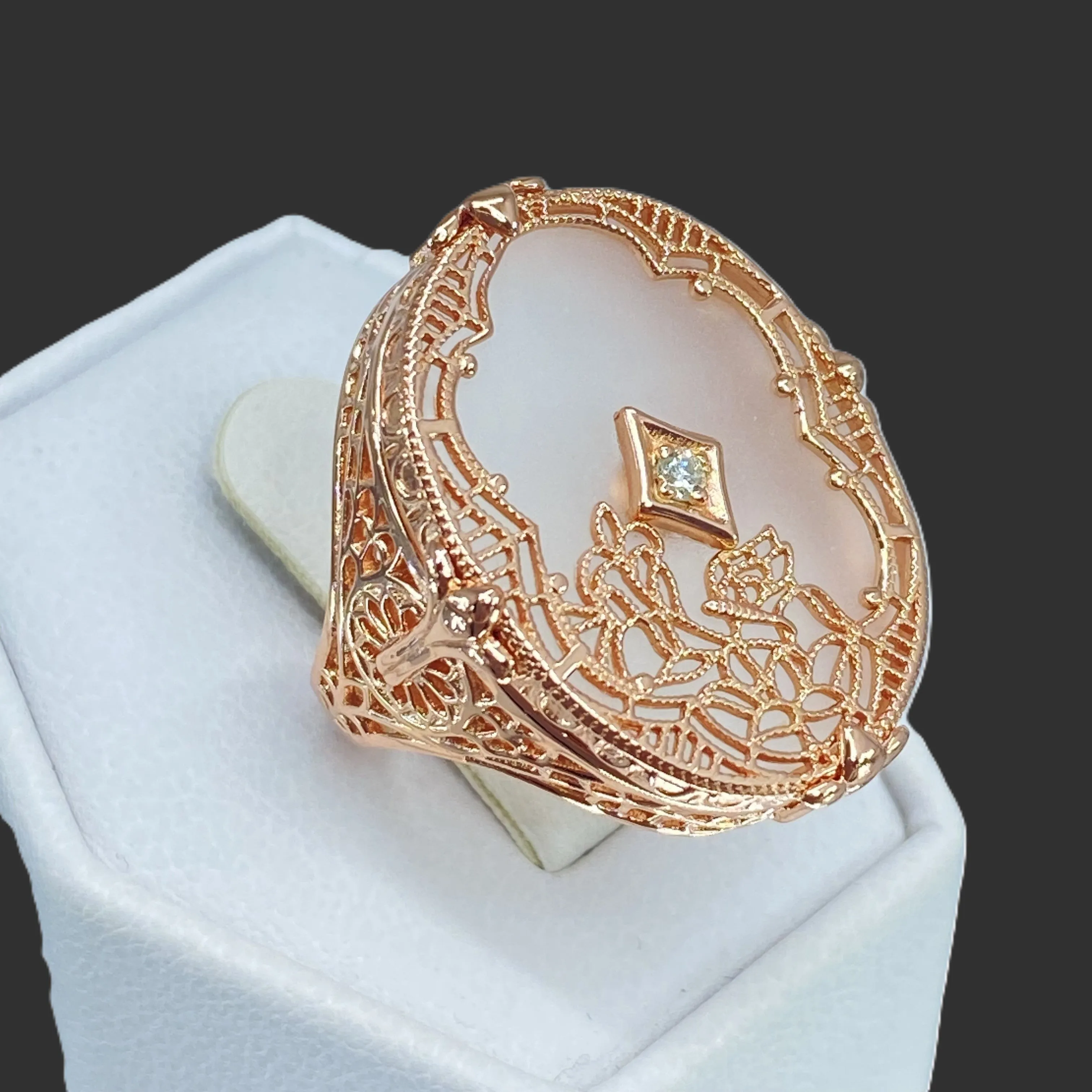 Oval Stained Glass Ring, Frosted Camphor Glass with inset, Rose Gold or Sterling Silver Looking Glass #D594