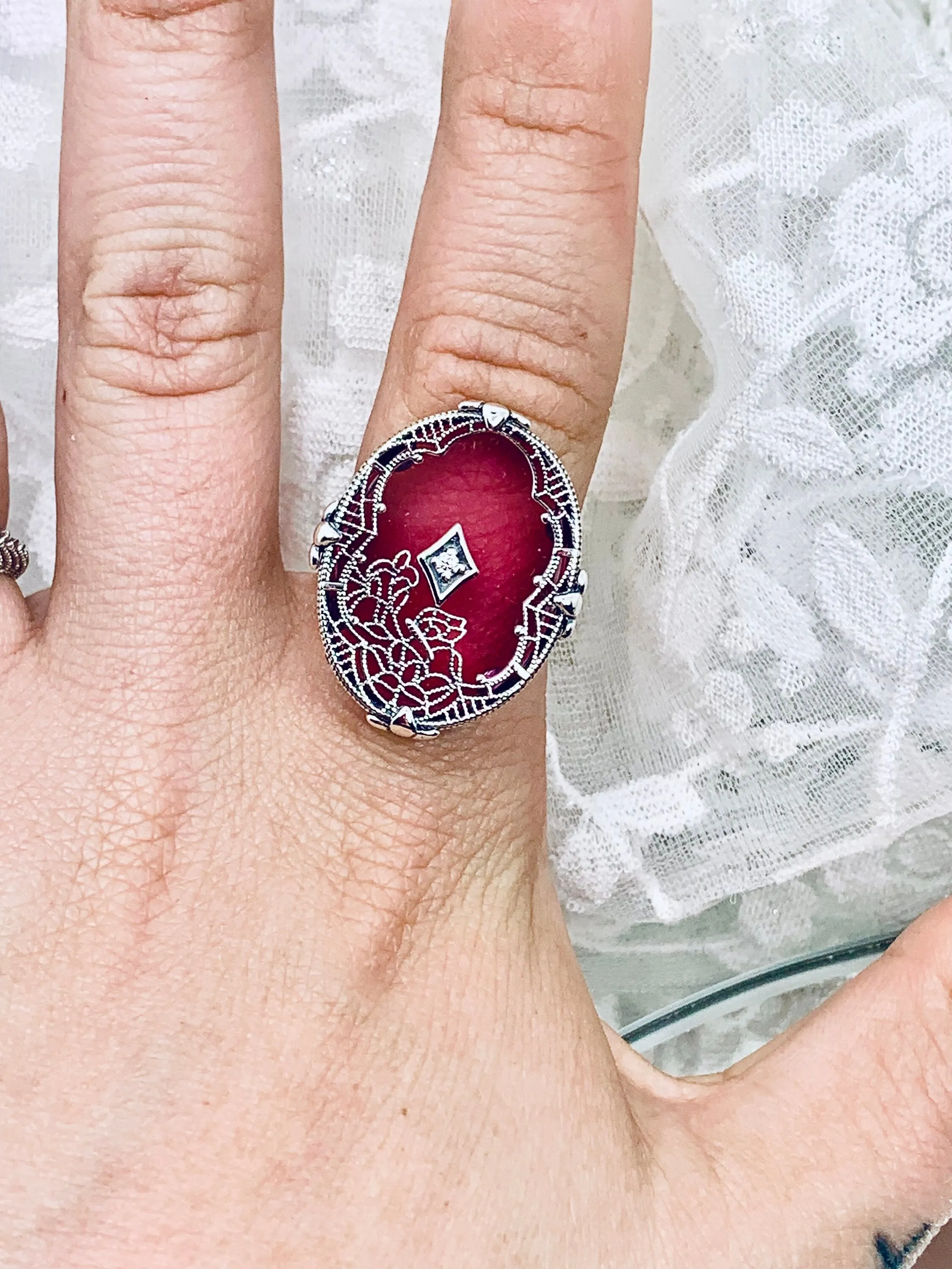 Oval Stained Glass Ring, Pink Camphor Glass with inset, Looking Glass #D594