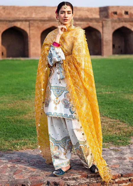 Pakistani White Kameez Salwar with Yellow Dupatta
