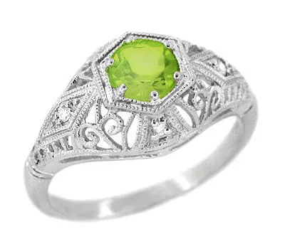 Peridot and Diamonds Filigree Scroll Dome Edwardian Engagement Ring in 14 Karat White Gold