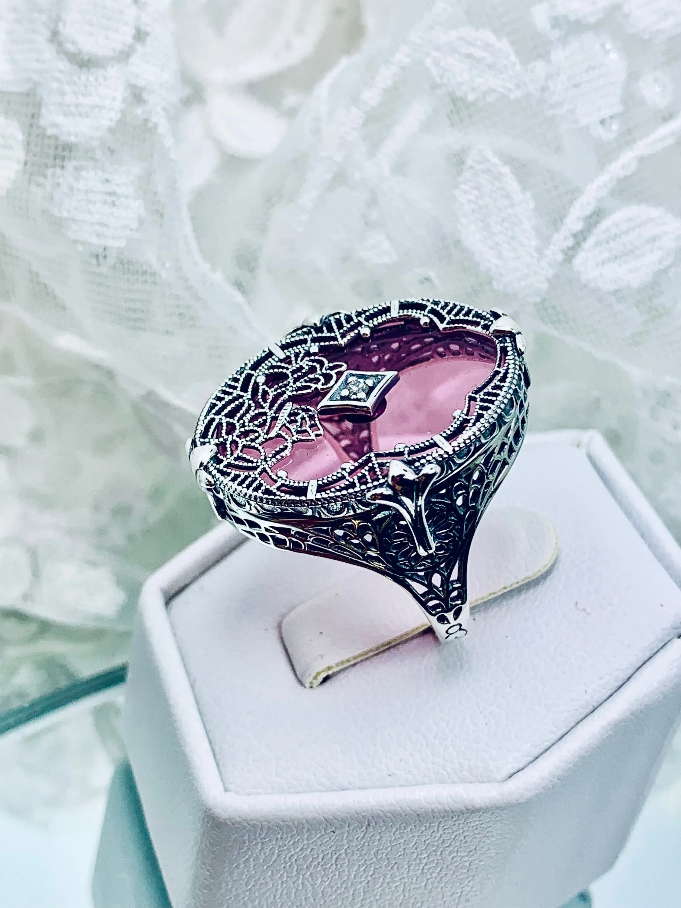 Petal Pink Camphor Glass Ring, Size 5, Oval Stained-Glass with inset, Looking Glass #D594 - Ready to Ship