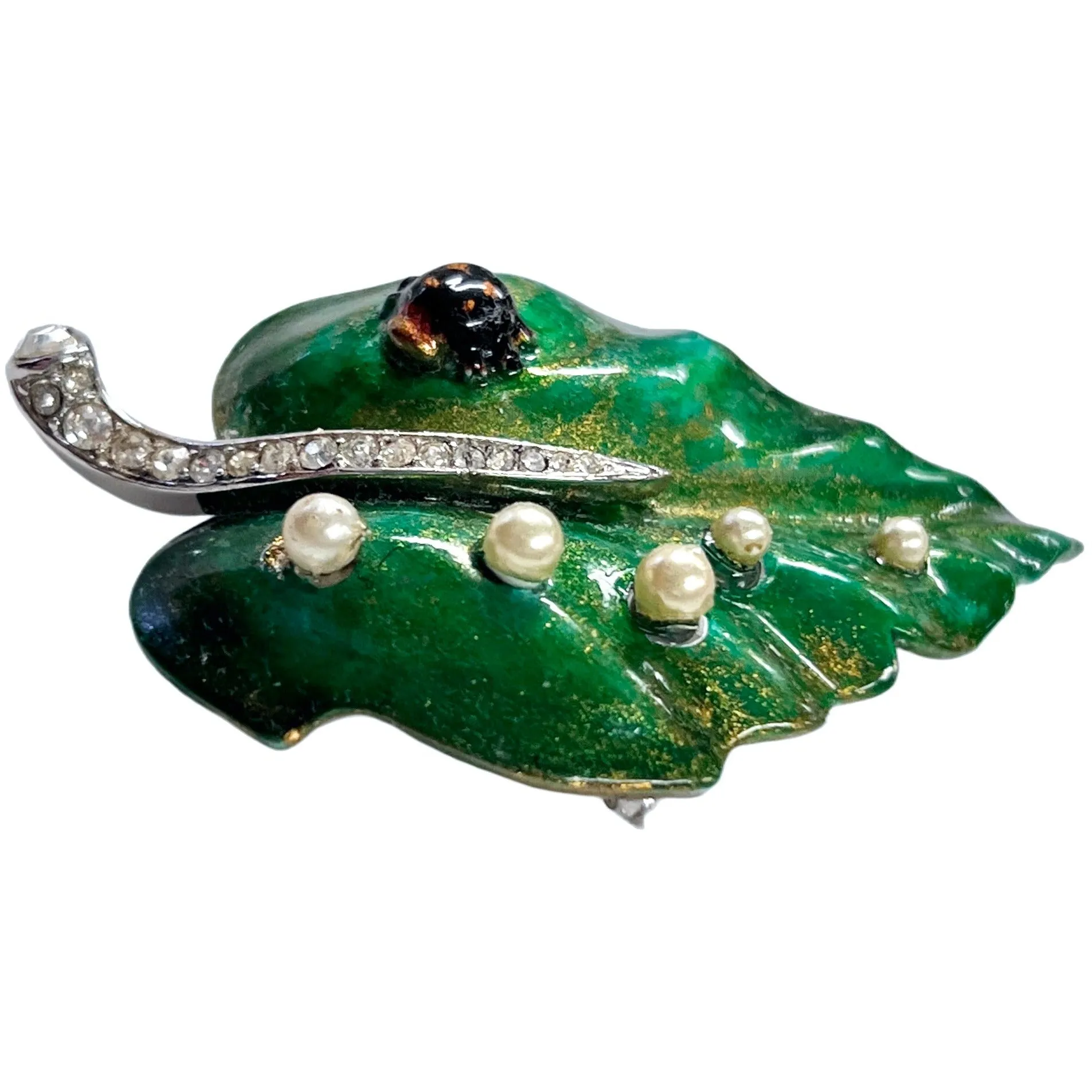 Rare Alfred Philippe Vintage Signed Trifari Turning Leaf Green Brooch 1950s w/ Ladybug