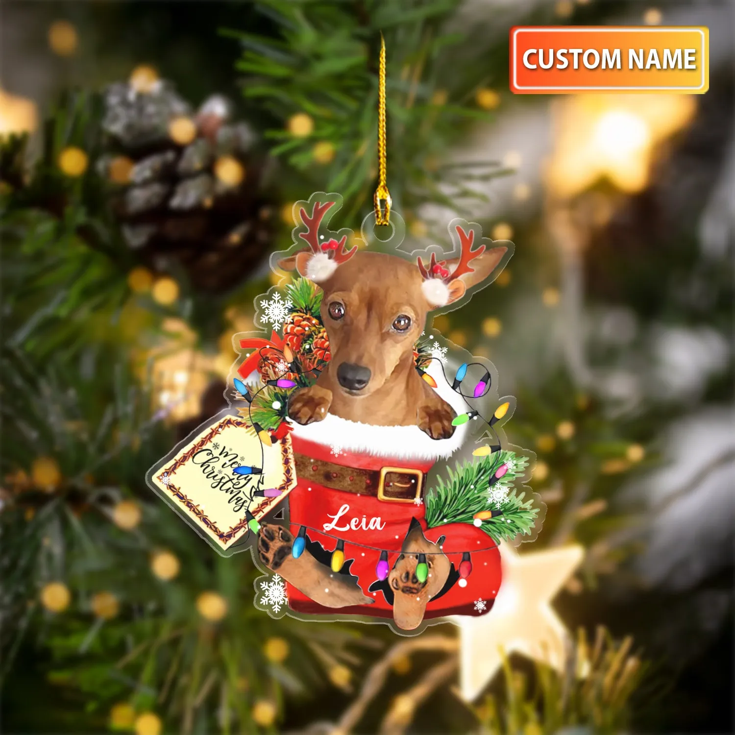 RED MINIATURE PINSCHER IN SNOW POCKET CHRISTMAS ACRYLIC ORNAMENT