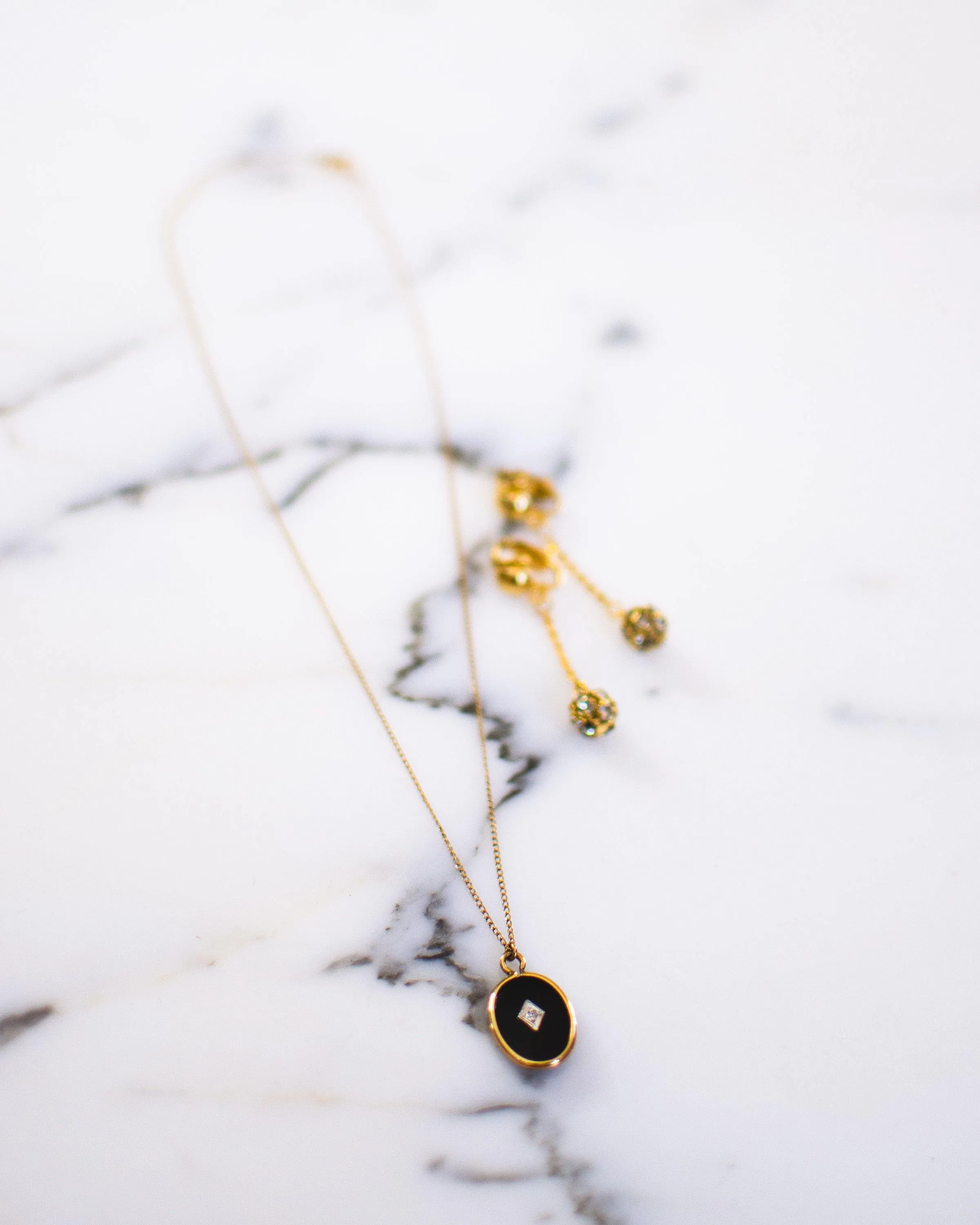 Vintage Victorian Revival Onyx Lucite Oval Pendant with Diamond